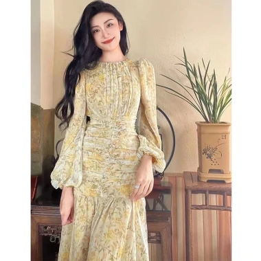 Đầm Maxi tay dài ôm họa tiết hoa Hàn Quốc, thời trang nữ mới – Giá chỉ 580.323₫