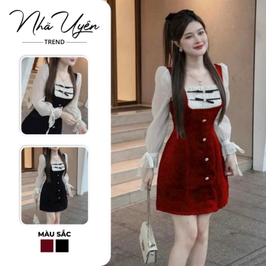 Đầm nhung nữ cổ vuông tay voan dập ly nơ hạt sang chảnh - Tiệc Tết 156.030 VND
