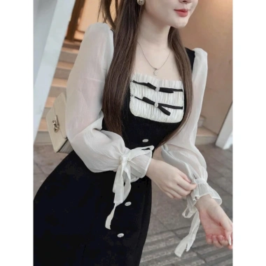 Đầm nhung nữ cổ vuông tay voan dập ly nơ hạt sang chảnh - Tiệc Tết 156.030 VND