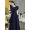 Đầm NQT boutique cổ & cửa tay phối vải kẻ tăm, vải tuyết nhung cao cấp, trẻ trung màu đỏ-đen-xanh than - giảm giá 22%