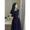 Đầm NQT boutique cổ & cửa tay phối vải kẻ tăm, vải tuyết nhung cao cấp, trẻ trung màu đỏ-đen-xanh than - giảm giá 22% 2