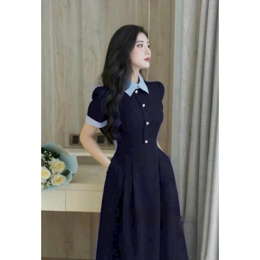 Đầm NQT boutique cổ & cửa tay phối vải kẻ tăm, vải tuyết nhung cao cấp, trẻ trung màu đỏ-đen-xanh than - giảm giá 22% 2
