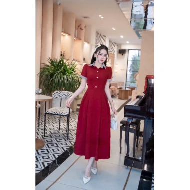 Đầm NQT boutique cổ & cửa tay phối vải kẻ tăm, vải tuyết nhung cao cấp, trẻ trung màu đỏ-đen-xanh than - giảm giá 22% 4