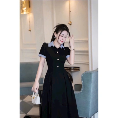 Đầm NQT boutique cổ & cửa tay phối vải kẻ tăm, vải tuyết nhung cao cấp, trẻ trung màu đỏ-đen-xanh than - giảm giá 22% 7