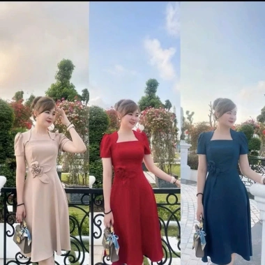 Đầm Nữ Cổ Vuông Dáng Xòe Đính 4 Nơ To Eo - Thiết Kế Cực Đẹp, Giá Ưu Đãi 169k