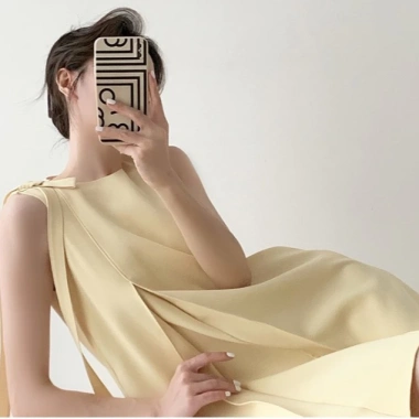 Đầm nữ dáng suông xếp ly cao cấp công sở không tay không cổ thanh lịch 490k
