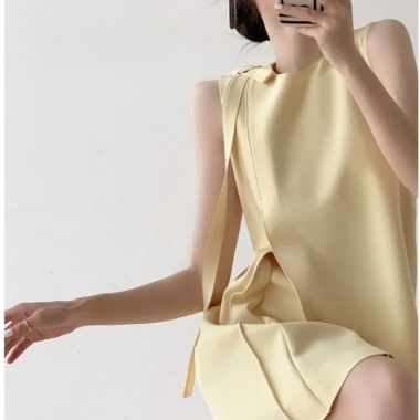 Đầm nữ dáng suông xếp ly cao cấp công sở không tay không cổ thanh lịch 490k