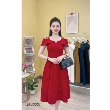 Đầm nữ dáng xòe trễ vai đính đá lấp lánh - đi tiệc sang trọng, giá ưu đãi 171k