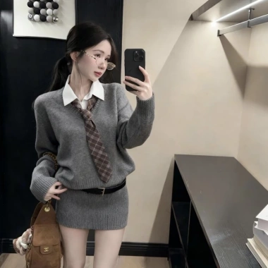 Đầm Polo nữ cổ áo sơ mi, dệt kim bên trong, gợi cảm mùa thu đông - Giá 162k 2