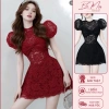 Đầm ren đỏ dự tiệc tay phồng, cổ cao nơ ngực, dáng xòe ngắn – chỉ 220k