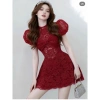 Đầm ren đỏ dự tiệc tay phồng, cổ cao nơ ngực, dáng xòe ngắn – chỉ 220k 4