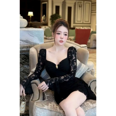 Đầm ren ôm body cổ V tôn dáng, váy dự tiệc sang trọng tay dài, cổ tim quyến rũ - 244k 3