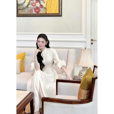 Đầm sơ mi cổ trụ dáng dài tay lỡ đính hoa 3D – Thanh lịch sang trọng, giá 438k