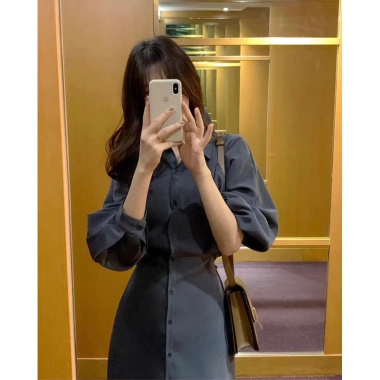 Đầm sơ mi công sở cánh dơi thắt eo - xanh đen nude sang trọng, giảm giá 161k 3