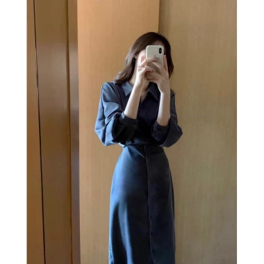 Đầm sơ mi công sở cánh dơi thắt eo - xanh đen nude sang trọng, giảm giá 161k 10