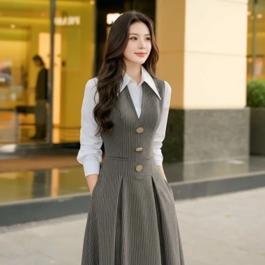 Đầm Sơ Mi Liền Yếm Dáng Dài Công Sở Nữ Cao Cấp - Thiết Kế Sang Trọng Tôn Dáng