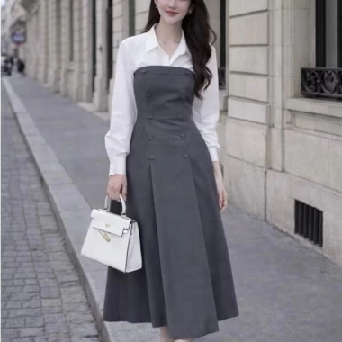 Đầm sơ mi phối yếm nữ cao cấp - Váy công sở dài sang trọng, giảm giá 559k, mã VT24.201