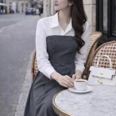 Đầm sơ mi phối yếm nữ cao cấp - Váy công sở dài sang trọng, giảm giá 559k, mã VT24.201