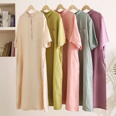Đầm suông công sở SLINEN cổ sơ mi tay lỡ, túi ốp ngực, vải Linen bột Premium, không kén dáng – 319k