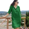 Đầm suông công sở SLINEN tay lỡ nẹp, cổ đức, túi sườn - Linen bột, giá 329k