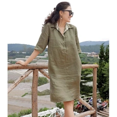 Đầm suông công sở SLINEN tay lỡ nẹp, cổ đức, túi sườn - Linen bột, giá 329k