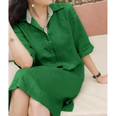 Đầm suông công sở SLINEN tay lỡ nẹp, cổ đức, túi sườn - Linen bột, giá 329k