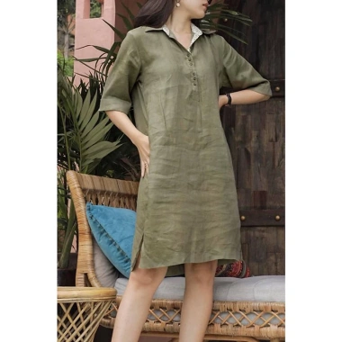 Đầm suông công sở SLINEN tay lỡ nẹp, cổ đức, túi sườn - Linen bột, giá 329k