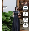 Đầm tay hến jean lụa công sở dạo phố NQT - vải co giãn nhẹ, màu xanh đen