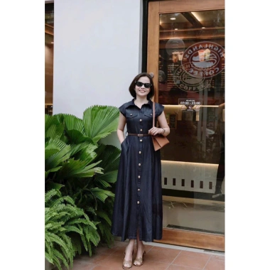 Đầm tay hến jean lụa công sở dạo phố NQT - vải co giãn nhẹ, màu xanh đen 2