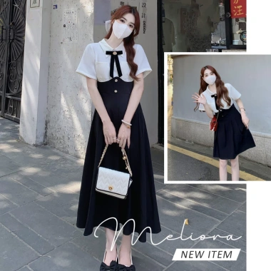 Đầm tiểu thư cổ nơ đen trắng dáng ngắn thanh lịch ngọt ngào Giá chỉ 200.900₫