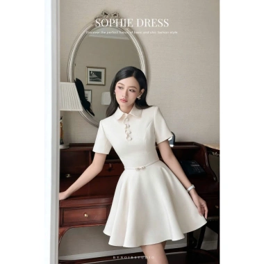 Đầm tiểu thư cổ sen bèo tay cộc - Váy ngắn công sở xòe, thanh lịch, chỉ 319.000₫