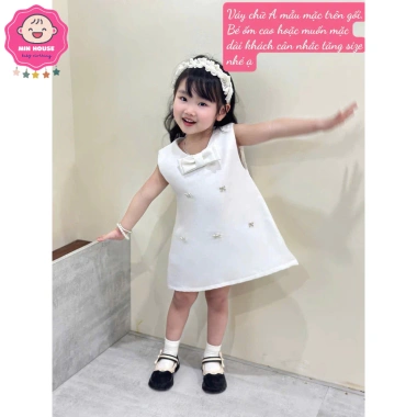Đầm trắng bé gái dáng chữ A đính nơ đá sang chảnh, tiệc & đi chơi – Giá 159k