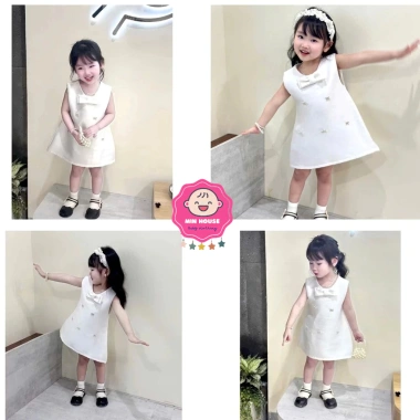 Đầm trắng bé gái dáng chữ A đính nơ đá sang chảnh, tiệc & đi chơi – Giá 159k