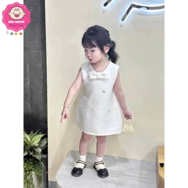 Đầm trắng bé gái dáng chữ A đính nơ đá sang chảnh, tiệc & đi chơi – Giá 159k