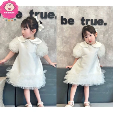 Đầm trắng cổ sen tùng bé gái, váy phối bèo xinh xắn, giá 179.000đ - giảm giá