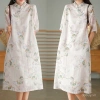Đầm Trung Hoa thanh lịch vải lanh cotton họa tiết nghệ thuật mùa hè - 426k