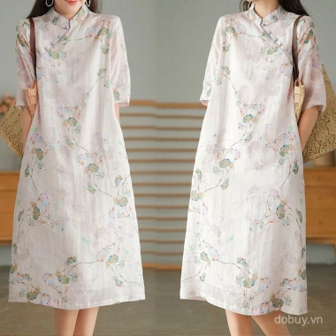 Đầm Trung Hoa thanh lịch vải lanh cotton họa tiết nghệ thuật mùa hè - 426k Đầm Trung Hoa thanh lịch vải lanh cotton họa tiết nghệ thuật mùa hè - 426k