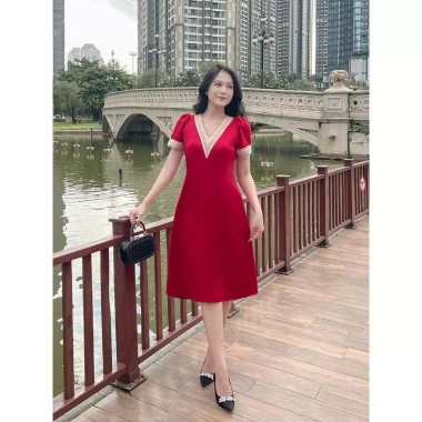 Đầm trung niên cổ chữ V phối ren bigsize 90kg dáng suông che bụng đi chơi tiệc, giá chỉ 210.000đ 3