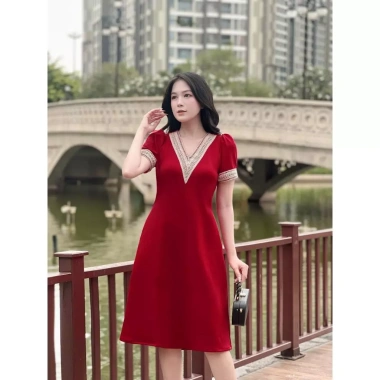 Đầm trung niên cổ chữ V phối ren bigsize 90kg dáng suông che bụng đi chơi tiệc, giá chỉ 210.000đ 5
