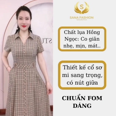 Đầm trung niên SANA FASHION cổ sơ mi lụa hồng ngọc công sở, giá chỉ 249k 3