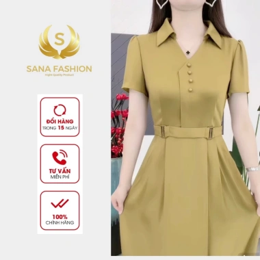 Đầm trung niên SANA FASHION cổ sơ mi lụa hồng ngọc công sở, giá chỉ 249k 4