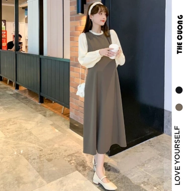 Đầm váy bầu C8.454 thu đông dài tay dáng suông form rộng sang chảnh công sở tiệc hot trend giảm còn 162k