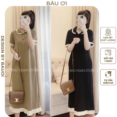 Đầm váy bầu công sở tiểu thư cổ sơ thun cotton mát, dáng suông dễ mặc - 165k