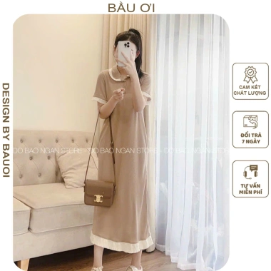 Đầm váy bầu công sở tiểu thư cổ sơ thun cotton mát, dáng suông dễ mặc - 165k