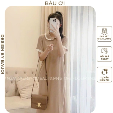Đầm váy bầu công sở tiểu thư cổ sơ thun cotton mát, dáng suông dễ mặc - 165k