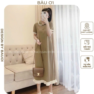 Đầm váy bầu công sở tiểu thư cổ sơ thun cotton mát, dáng suông dễ mặc - 165k