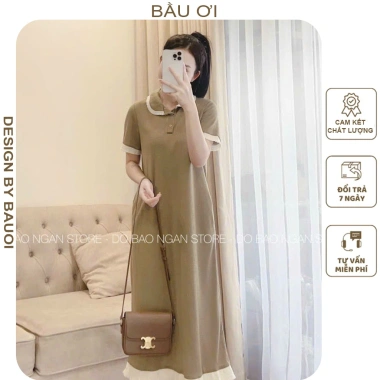 Đầm váy bầu công sở tiểu thư cổ sơ thun cotton mát, dáng suông dễ mặc - 165k