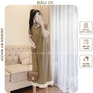 Đầm váy bầu công sở tiểu thư cổ sơ thun cotton mát, dáng suông dễ mặc - 165k