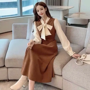 Đầm váy bầu tay mùa thu đông V973 – Dáng dài, nơ ngực sang chảnh, 168k 2