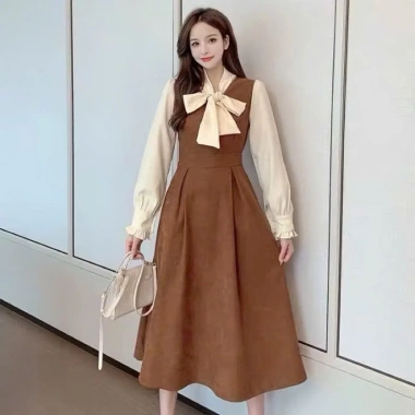 Đầm váy bầu tay mùa thu đông V973 – Dáng dài, nơ ngực sang chảnh, 168k 3